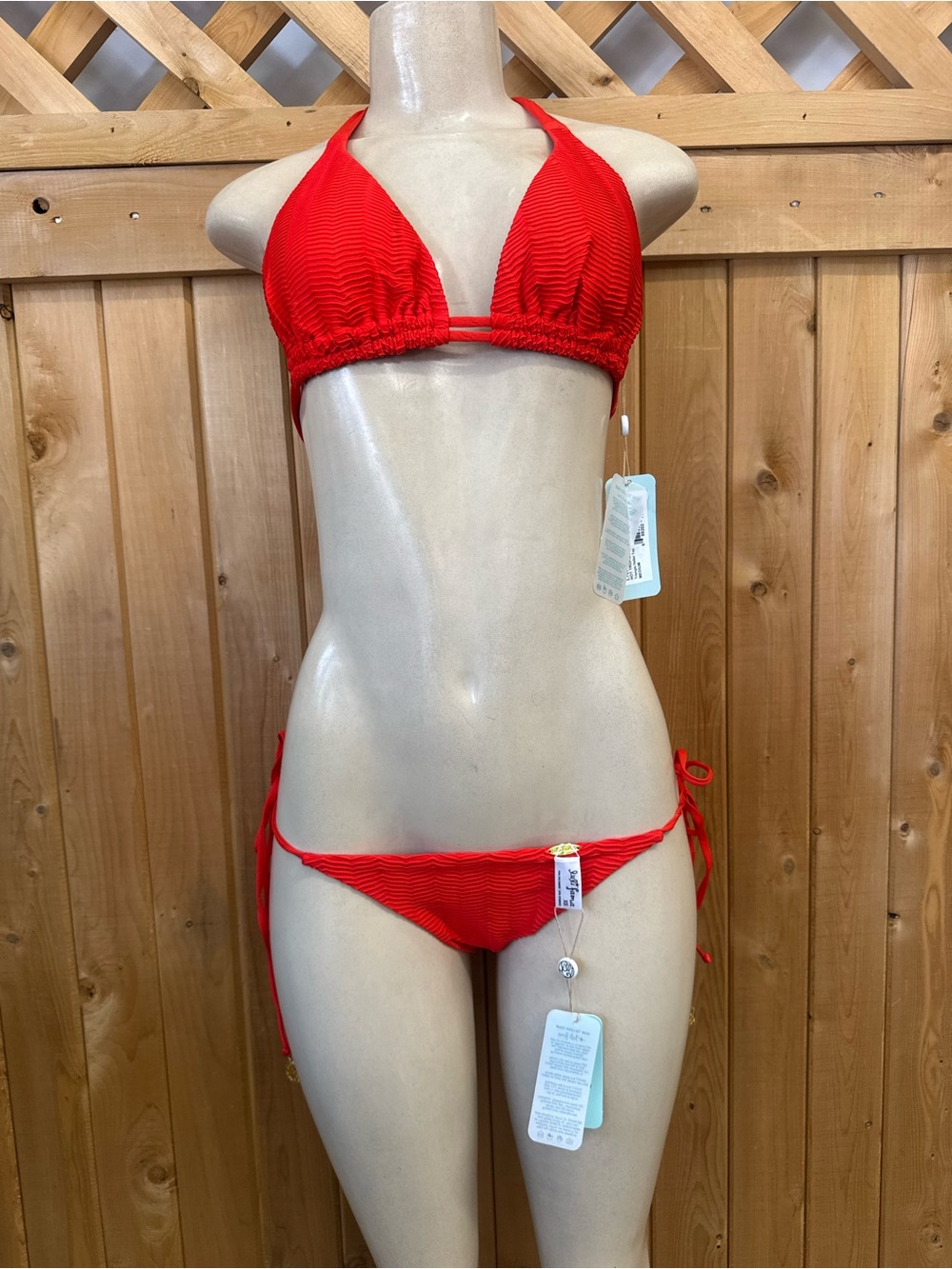 Luli Fama Hot Tropics Lava  Red Textured Wave Rushed Triangle Bikini XS Top M - Picture 5 of 15